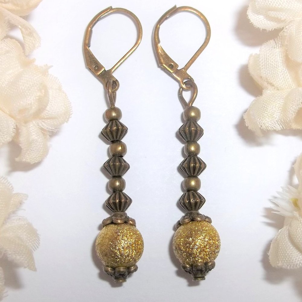 Yellow and Brown Bronze Beaded Boho Style Earrings Dangle Jewelry Set Pair 6974